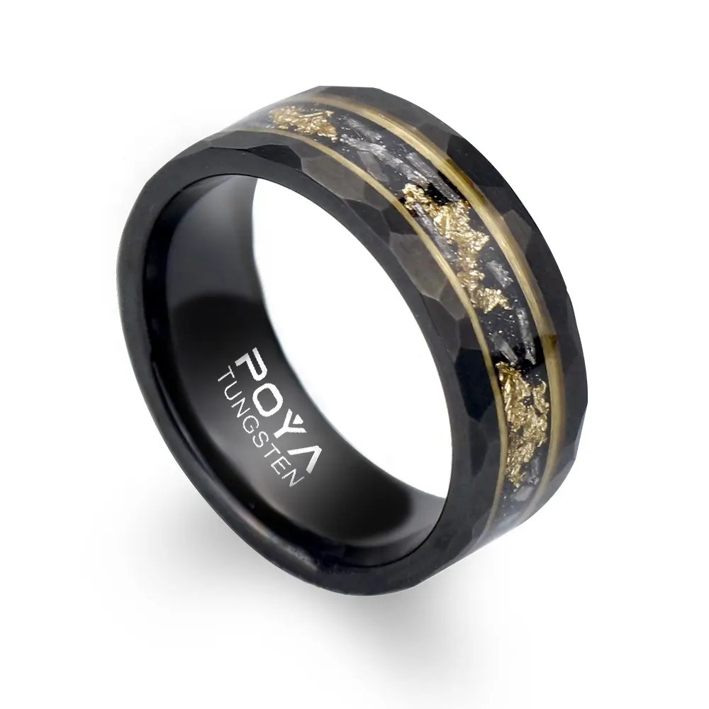 POYA Custom Hammered Rings 8mm Black Tungsten Meteorite Gold Leaf Inlay Wedding Ring For Men