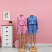 Ensemble deux pièces décontracté en tissu respirant imprimé bleu et rose à motif de dessin animé pour femme, collection printemps 2026 (pantalon et chemise) - Vente en gros