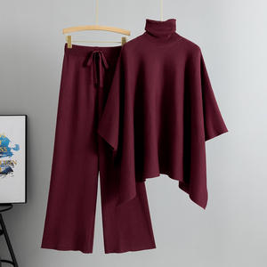 Sweter rajut wanita pola polos modis, 2 potong Set jubah kerah tinggi dan celana kaki lebar untuk musim gugur gaya kasual - Product Image 3