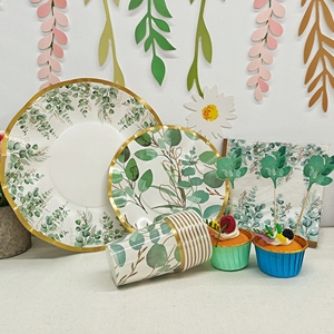 ชุดอุปกรณ์จัดงานเลี้ยงธีมดอกไม้ DAMAI ชุดจานชามสำหรับงานเลี้ยงน้ำชาสีเขียวสไตล์ฤดูใบไม้ผลิ ลายใบยูคาลิปตัส ถ้วยกระดาษแบบใช้แล้วทิ้ง ผ้าเช็ดปาก - Product Image 1