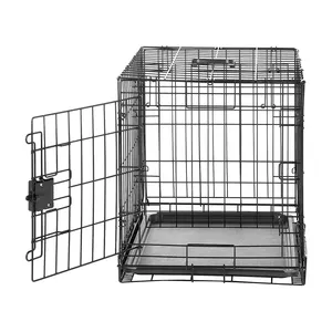 Vietnam Factory Production Double Door Built-in Tray Black Foldable Metal Wire Pet Cage Dog Crate