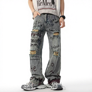 Jeans de Hombre Estilo Vintage Lavado con Estampado de Grafiti, Diseño Holgado y Recto, Características Clave: Ajuste Cómodo - Product Image 1