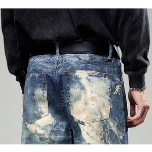 Jean en denim évasé pour homme, style motard, design de niche unique, punk, streetwear, avec patchs et déchirures, effet vieilli - Product Image 4