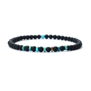 Pulseras elásticas con cuentas de piedras preciosas finas de 4mm para hombres y mujeres, pulsera elástica con cuentas de piedra de ágata negra mate, regalo de joyería para hombres