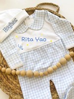 Ensemble de Pâques pour bébé garçon : Barboteuse à manches longues à col Peter Pan et motif bulles à carreaux bleus, avec chapeau assorti, et Robe pour bébé fille assortie 2027