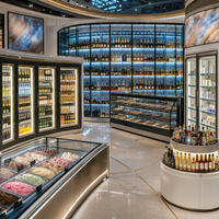 Ensemble d'équipements de réfrigération pour supermarché : Vitrine réfrigérée pour boissons, Congélateur îlot combiné, Réfrigérateur-vitrine pour vins et boissons