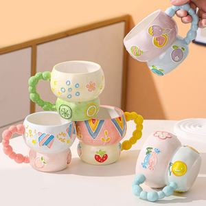 <span class=keywords><strong>Mug</strong></span> à eau, lait, jus, thé ou café en céramique esthétique, peint à la main, en relief, avec poignée perlée, grand format, cadeau mignon pour les fêtes - Product Image 1