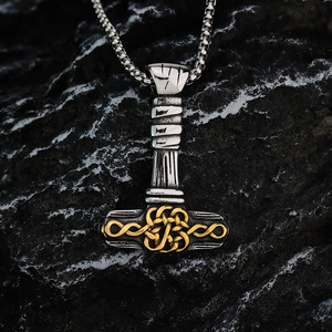 Yunnique – collier rétro nordique en acier inoxydable pour hommes, pendentif marteau de Thor, bijoux cadeau, design géométrique, motif asymétrique - Product Image 4