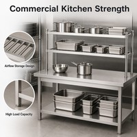 Table de préparation de cuisine en acier inoxydable SUS304, 2 niveaux de rangement, capacité de charge de 500 kg/m, finition polie pour usage commercial, durable