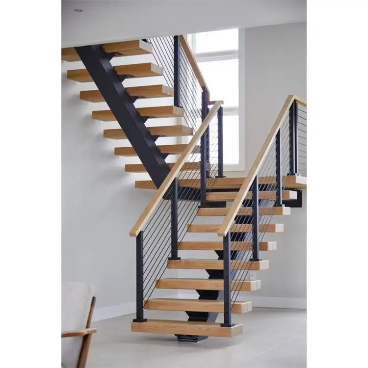 Mono kiriş ile Modern ahşap merdiven yüzer düz Metal merdiven