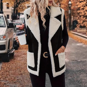 Wholesale <strong>Women</strong> Lapel Faux Suede Shearling Vest, Sleeveless <strong>Sherpa</strong> Lined Loose Waistcoat Winter Outerwear <strong>Gilet</strong> - Product Image 4