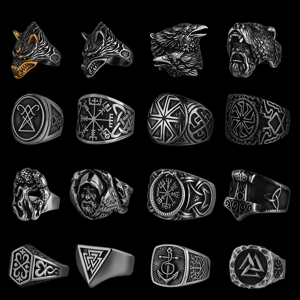 Male Men Stainless Steel Jewelry Celtic Knot Triangle Anchor Compass Tree Of Life Rune Wolf Hearts Chrome Viking Ring Man