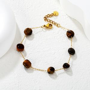 Bracelet classique en acier inoxydable avec pierres précieuses, perles en pierre naturelle marron, bijou de poignet tendance, bracelet chaîne à maillons pour femme - Product Image 3