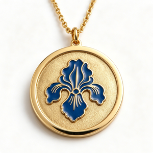 Medalla Circular de Latón Chapada en Oro con Diseño de Flor de Lis Azul en Esmalte Duro, Recuerdo con Temática Floral - Product Image 3