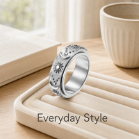 Sonne-Mond-Stern Gravierter 3D Drehbarer Fidget-Spinner-Ring Silberbeschichteter Edelstahl Trendiger Hip-Hop Hochzeits-Party-Schmuck