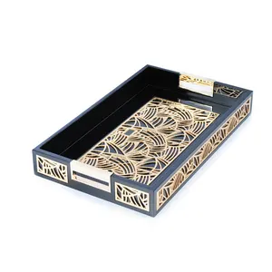 Sawtru Latest Design Wooden Gold Foil Tray For jewelry Serving Tray With Gold Handles