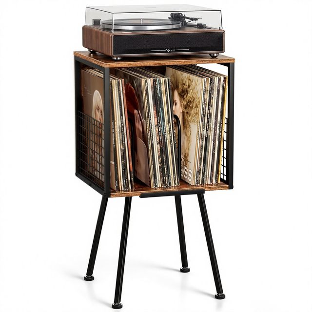 Record Player Stand with Storage Holds Vinyl Records, Industrial Turntable Stand with Storage Shelf, LP Album Organizer Cabinet