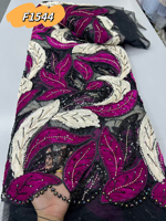 Tissu en tulle noir F1544 en gros avec broderie de feuilles 3D perlées et sequins, patchwork en maille avec velours pour robe de soirée africaine
