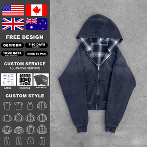 Sweat-shirt à capuche pour homme en flanelle personnalisée, confortable, à carreaux, rétro, délavé, double couche, double fermeture éclair - Product Image 2