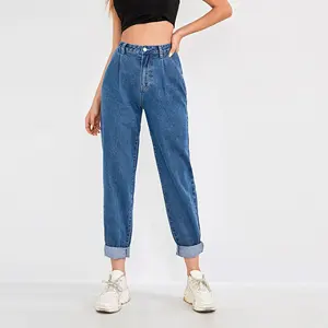 Calças jeans femininas personalizadas, venda quente de calças femininas para primavera e verão, cintura alta, sem cinto, solto, de denim, fábrica, em dongdong