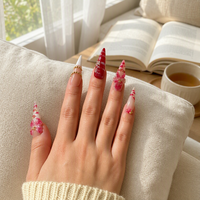 Grosir 10Pcs Kuku Palsu Stiletto Ekstra Panjang 3D Bunga French Gold Beads Wine Red Rhinestone Full Cover untuk Wanita