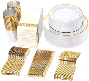 50 Guest Gold Plastic Plates with Disposable Cutlery& Gold Plastic Cups-Party Plates and Napkins sets for Wedding&Parties
