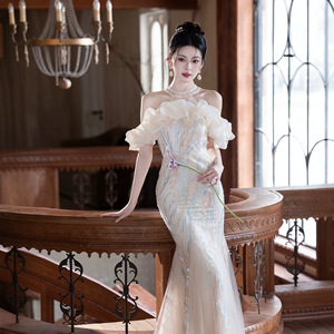 Champagne Evening Gown Women Halter Neck Mermaid Dress Ruffles Natural Waistline Coming Of Age Ceremony Elegant Formal Wear - Product Image 1