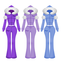 Ensemble deux pièces pour femmes de haute qualité en tricot gaufré avec fermeture éclair et capuche en fausse fourrure et pantalon évasé, vêtements d'hiver personnalisés pour femmes, survêtements
