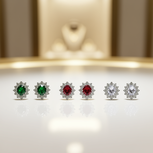Boucles d'oreilles élégantes à fleurs, vertes, rouges, transparentes, plaquées rhodium, en alliage de zinc, pour femmes, à porter tous les jours, bijoux classiques en cristal - Product Image 2