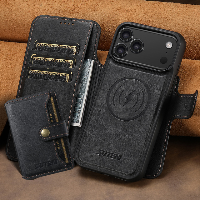 For iPhone 12 13 14 15 16 17 Pro Max Flip Phone Cover Card Wallet Magnetic 3 in 1 Wireless Charging S26 Ultra PU Leather Case