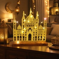 Décoration du Ramadan, lampe de table LED en forme de mosquée avec paillettes dorées, base en bois massif, Eid Mubarak, décoration festive pour la maison, piles AA