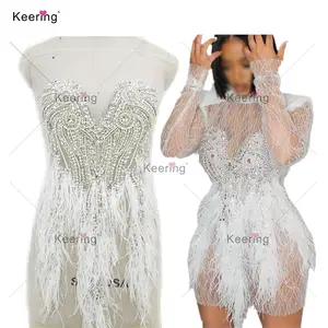 Newest design feathers with bodice applique dress keering rhinestone applique WDP-309