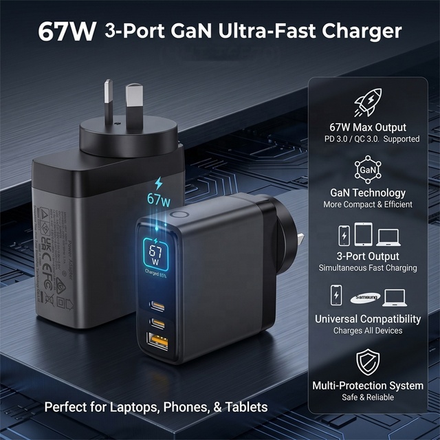 HNT 67W GaN Fast Charger 3-Ports Type C USB Wall Adapter with LED Digital Display PD QC AU Plug for Laptop iPhone Samsung Tablet