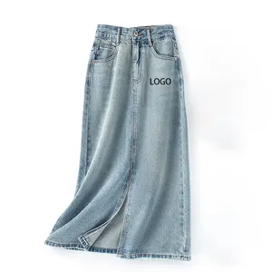 Wholesale 2024 New Style Water Washed Midi Denim Skirt Vintage High Waist Loose Jeans Women's Skirts