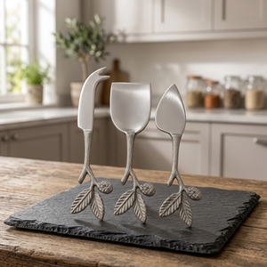 Juego de 3 piezas de cuchillos para queso de metal plateado con mango de hoja de roble y bellota, espátula para servir queso, calidad de exportación - Product Image 2