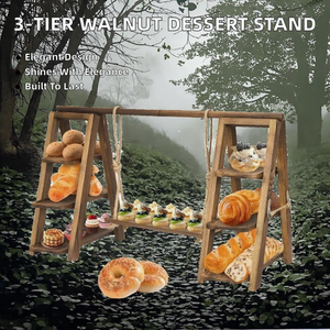 Présentoir à gâteaux et desserts 3 niveaux en bois de noyer foncé, forme irrégulière, idéal pour mariages et fêtes - Product Image 2