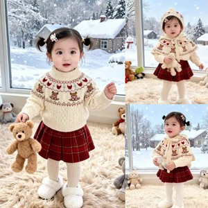 Girls Christmas Cartoon Sweater Set With Hat Thick Knit Plaid Skirt Cotton Two Piece Outfit - Product Image 3