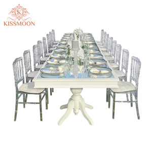 Mesa Rectangular Larga <span class=keywords><strong>para</strong></span> Banquetes de Boda, Tapa de Vidrio Azul Claro, Base Blanca, Patas Curvas, Alquiler <span class=keywords><strong>para</strong></span> Eventos de Hotel, Mobiliario Comercial - Product Image 1