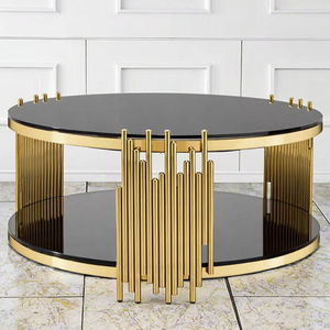 طاولة قهوة عصرية لغرفة المعيشة بقاعدة معدنية ذهبية وسطح زجاجي أسود للمساحات العامة - Product Image 3