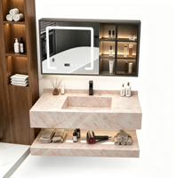 Ensemble de meuble-lavabo de salle de bain moderne de luxe en pierre frittée rose, résistant à l'eau, avec comptoir flottant pour villa et appartement