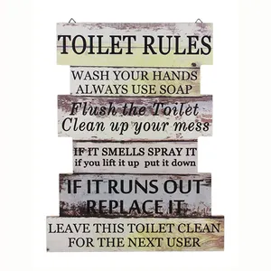 Rustic Home Bathroom Wall Hanging Decorative Wooden Toilet Rules Plaque Sign for Market Store Public Wash Clean Bath Decor