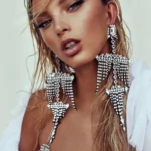 Hot Sale Stainless Steel Exaggerated Rhinestone Tassels Full Diamond Earrings Bling Diamond Gold Plated Earring Gift For Women