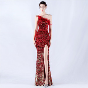 Vestido de noche de chifón transpirable con tirantes finos, corte <span class=keywords><strong>imperio</strong></span>, suela de terciopelo de alta densidad con degradado, y tirante de un solo hombro con cuentas. - Product Image 2