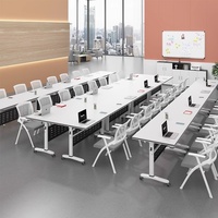 Table Pliante Longue de Bureau de Formation, Bureau Mobile Modulaire, Table de Conférence Portable, Bureau d'Étude et de Formation avec Roues et Tiroir