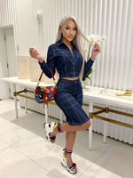 Ensemble 2 pièces en jean pour femme : veste courte zippée à surpiqûres contrastées et short capri taille haute longueur genou – Tenue streetwear