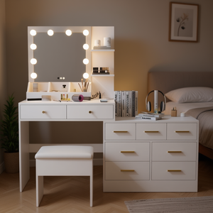 Tocador de Maquillaje Blanco con Espejo LED, Cajones, Estantes de Almacenamiento, Diseño Minimalista, Muebles de Dormitorio - Product Image 2
