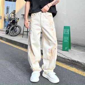 Amerikan moda marka erkek yaz rahat pantolon boyalı Graffiti geniş bacak Scimitar kot gevşek düz katı Denim yıkanmış - Product Image 3