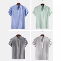 Kemeja Pria Lengan Pendek Motif Garis Kasual Bahan Linen Berkualitas Tinggi Kerah Tegak Model Longgar untuk Musim Panas dan Pantai, ODM