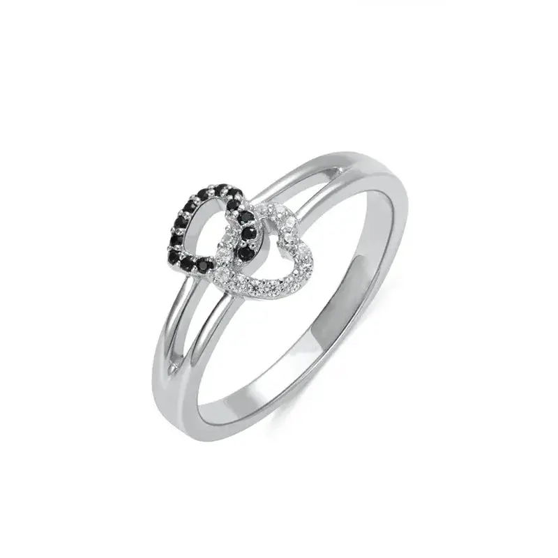 Mode Cincin hati ganda perak 925 mode perak murni cincin berlian zirkon kubik putih berlapis emas hitam-putih