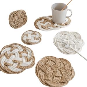 Set de table rond de style nordique en mélange de lin, couleur unie blanche, lavable, tricoté à la main en fil de coton, résistant à la chaleur - Product Image 2